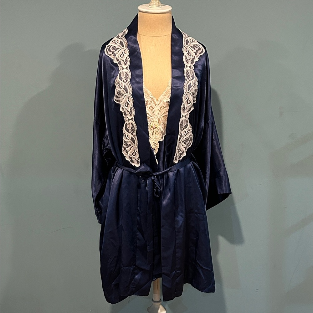 Vintage California Dynasty 2-pc Lingerie & Robe Set Large Navy Blue Lace Satin